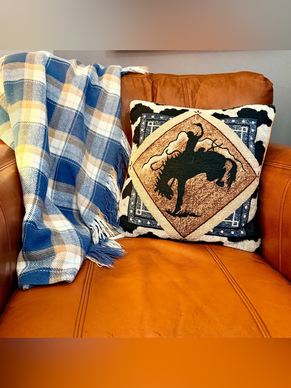Vintage Western Rodeo Bucking Bronco Tapestry Accent Pillow in Blue and Brown
